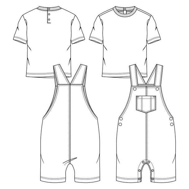 Baby Boys 2 Pieces Set plantilla de sketch plano de moda. Ilustración técnica de moda. Camiseta de punto general y manga corta  - Vector, Imagen