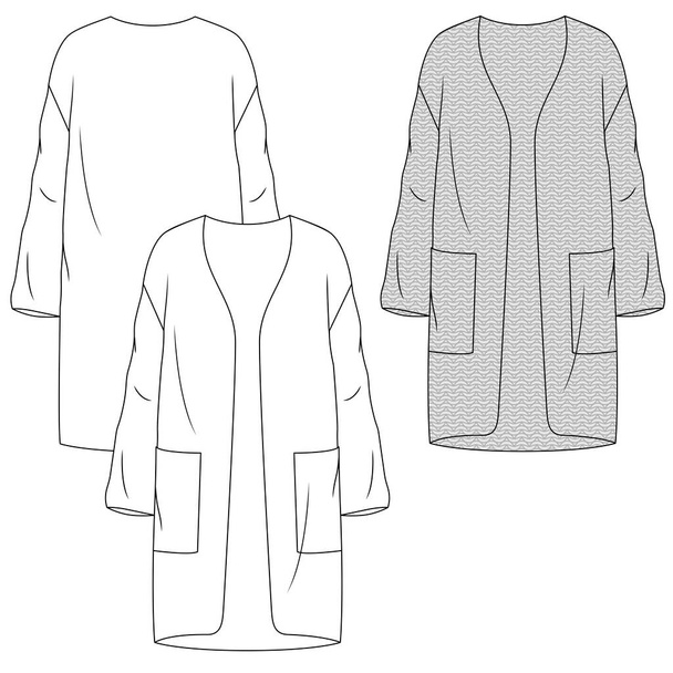 Mujer Heavy Knit Long Cardigan plantilla de dibujo plano de moda. Ilustración técnica de moda. Frente abierto con bolsillos grandes - Vector, Imagen