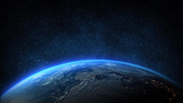 Animatie zoomt uit de Aarde planeet, wereld, wereldbeeld van bovenaf. Blauwe ruimte st - Video