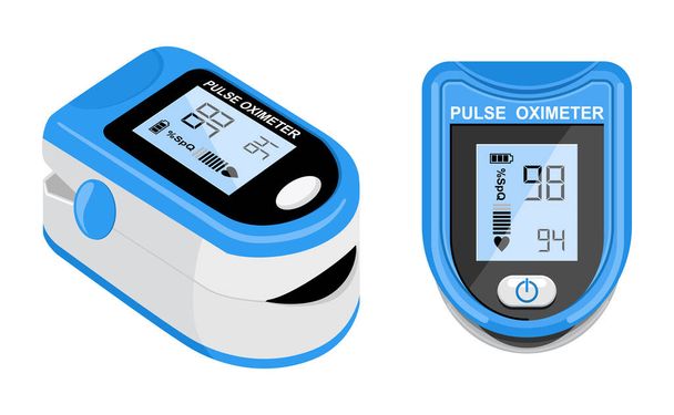 Pulse oximeter icon on the median finger for measuring oxygen in the blood. Health care for blood saturation test. Vector illustration  - Vector, Image