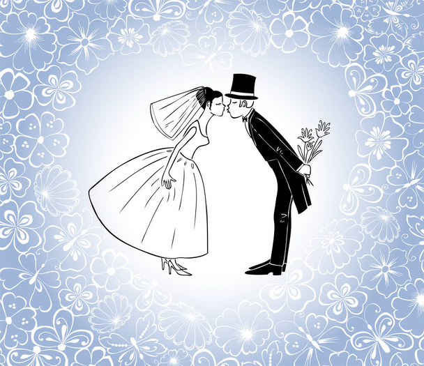 Scheda vettoriale con baci sposi in costumi vintage su sfondo floreale blu - Vettoriali, immagini