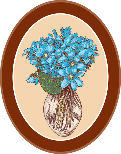 Image vectorielle de bouquet dessiné violettes bleues dans un cadre ovale - Vecteur, image