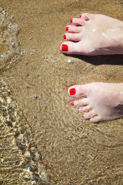Woman's pedicured feet with red nail polish on toes in the sand in water. Bare feet standing on sand at beach, hello summer welcome vacation concept, from top to toes picture with space - Foto, Bild