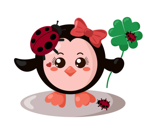 Funny cute smiling penguin with round body and ladybugs holding four leaf good luck clover in flat design with shadows. Isolated animal vector illustration - Vector, Image