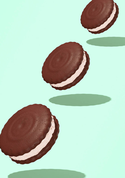 Minimální jídlo 3d vykreslení scény čokoládové sušenky v modrém gravitačním prostoru. Restaurace, bar, cukrárna, dodávky potravin koncepce umění. - Fotografie, Obrázek