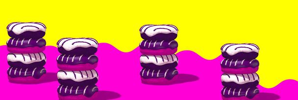 Minimal kreatives Banner Food Design. 3D rendern weiße und schokoladige Donuts im trendigen rosa-gelben Raum. Restaurant, Bäckerei, Süßwarenladen, Konzeptkunst für die Essenslieferung. - Foto, Bild