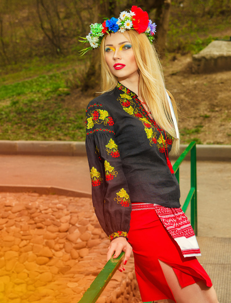 beautiful girl in Ukrainian national dress posing - Photo, Image