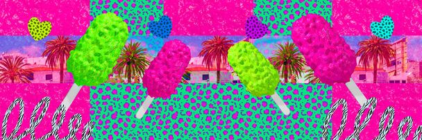 3d визуализация моды коллаж абстрактной сцены. Красочный баннер с глазурью мороженого в пальмовом тропическом пространстве. Летние каникулы - Фото, изображение