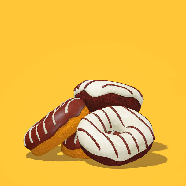 Minimaal food design 3d maken witte en chocolade donuts in trendy gele ruimte. Restaurant, bakkerij, snoepwinkel, food delivery concept art. - Foto, afbeelding
