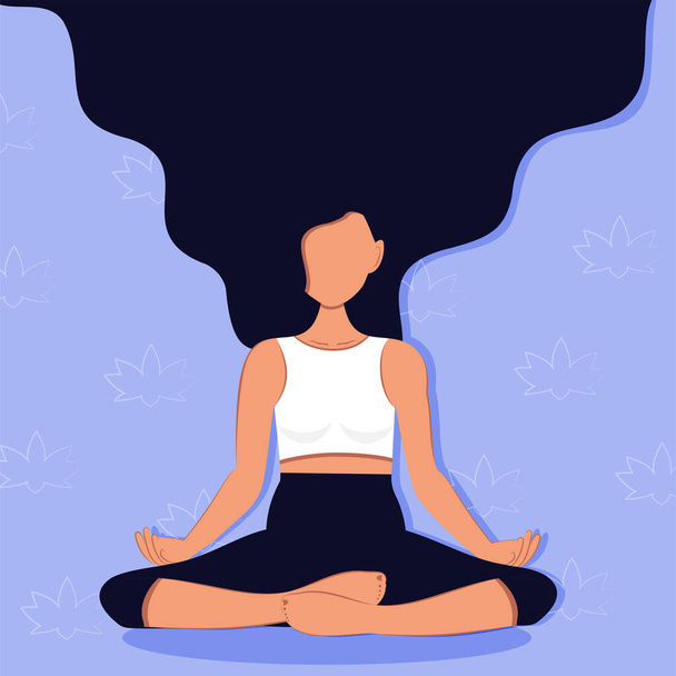Vector. Cartoon girl with a slender figure in the lotus position, yoga, hair fluttering. Background design for print, social media, banners, invitations, covers, flyers, brochures, start page. - Vector, Image