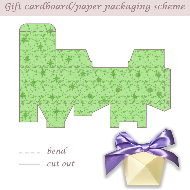 Друкована багатогранна паперова або картонна святкова упаковка та схема упаковки для подарунків, подарунків, цукерок, лазерного різання
 - Фото, зображення