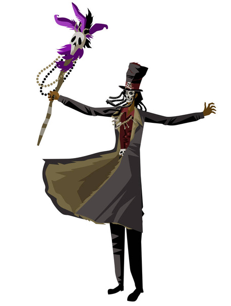 voodoo man met hoed en schedel staf - Vector, afbeelding