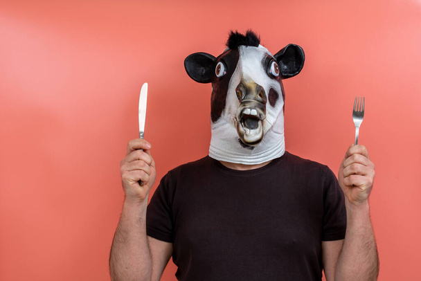 πρόσωπο μεταμφιεσμένο σε αγελάδα που δείχνει ένα μαχαίρι και πιρούνι σε ροζ φόντο - Φωτογραφία, εικόνα