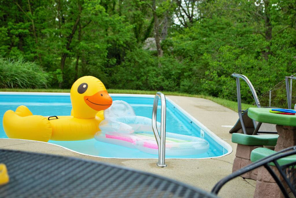 Gelbe Ente schwimmt aufblasbar in einem Hinterhof-Schwimmbad - Foto, Bild