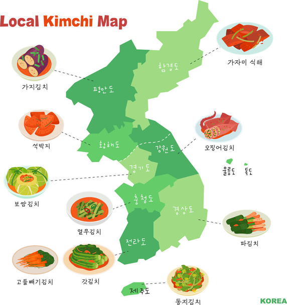 Κορεάτικο παραδοσιακό φαγητό. Τύποι kimchi που χαρακτηρίζουν κάθε περιοχή. - Διάνυσμα, εικόνα