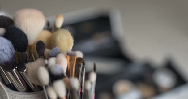 Набор кистей для макияжа на столе - Кадры, видео