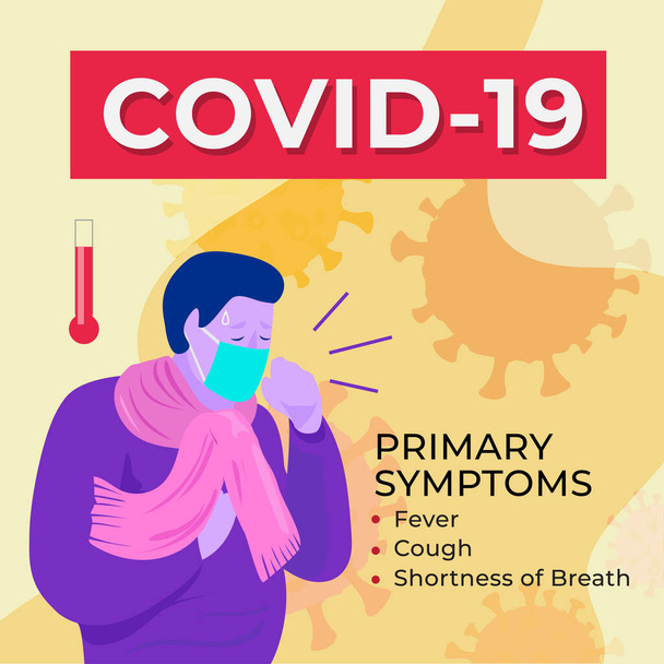 Modelo infográfico do vírus Corona com ilustração de tosse masculina e febre - Vetor, Imagem