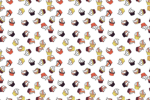 Can use for birthday card, the children menu, packaging, textiles, fabrics, wallpaper. Seamless pattern with sweets - ice cream, cupcakes isolated on cute brown, white and black background. Raster art - Photo, Image