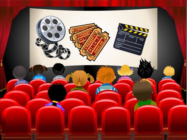 Sala de cinema. tela de cinema com público - Vetor, Imagem