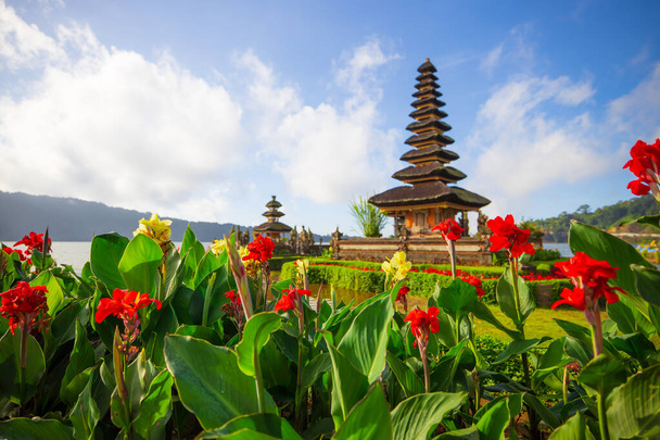 Bali adasındaki Pura Ulun Danu Bratan tapınağı. Güzel bale tapınağı. Bali 'nin simgesi. Beyaz bulutlu mavi gökyüzü. Kırmızı çiçekli ön plan. Bratan Gölü, Bedugul, Bali, Endonezya - Fotoğraf, Görsel