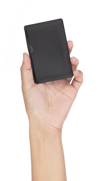 Χέρι κρατώντας Pouch Δερμάτινη επαγγελματική κάρτα απομονώνονται σε λευκό φόντο. - Φωτογραφία, εικόνα