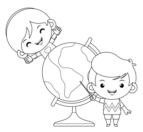  Illustration vector graphic of coloring book for kids. Cartoon Smiley Boy Pointing and Girl Learning With The World Globe. Good to use for children coloring book. - Vector, Image