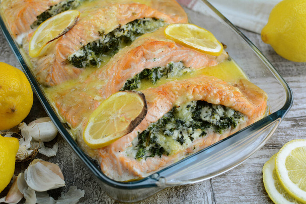 Keto Diet Baked Salmon Stuffed with Spinach and Cheese - Photo, Image