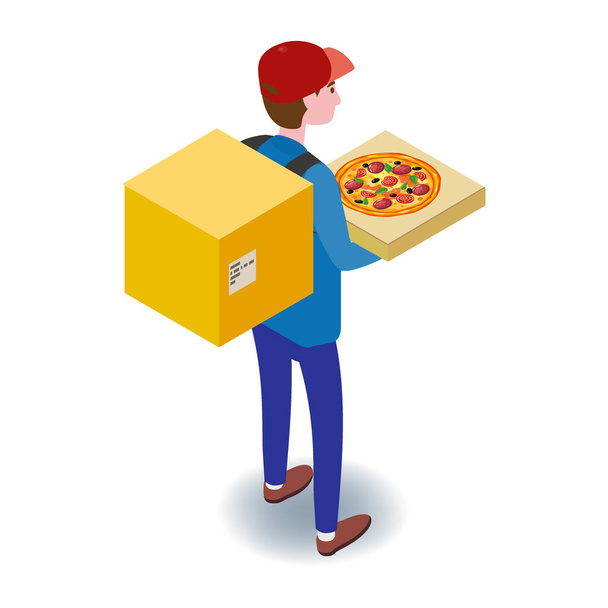 Courier with pizza box. Pizza Delivery Service Isometric concept. Fast 24 7 shipping, online food order template banner. Vector illustration 3d isolated - Vector, Image