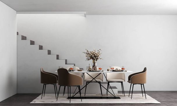 Дизайн интерьера белой столовой со стильными модульными деревянными стульями, деревянными столами, растениями, нейтральным разделителем помещений, украшением и элегантными аксессуарами. Современный тропический домашний декор, 3D рендер - Фото, изображение