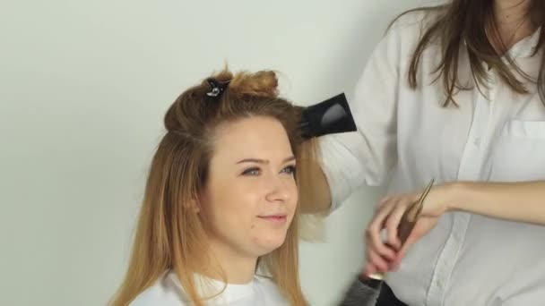 Парикмахер сушит волосы с феном для молодой девушки - Кадры, видео