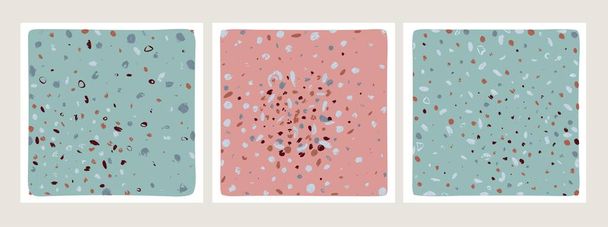 Een set abstracte vierkante schilderijen. Modern minimalisme, stippen, strepen. Roze blauw en wit van kleur. Kalm natuurlijk kleurenschema. - Vector, afbeelding