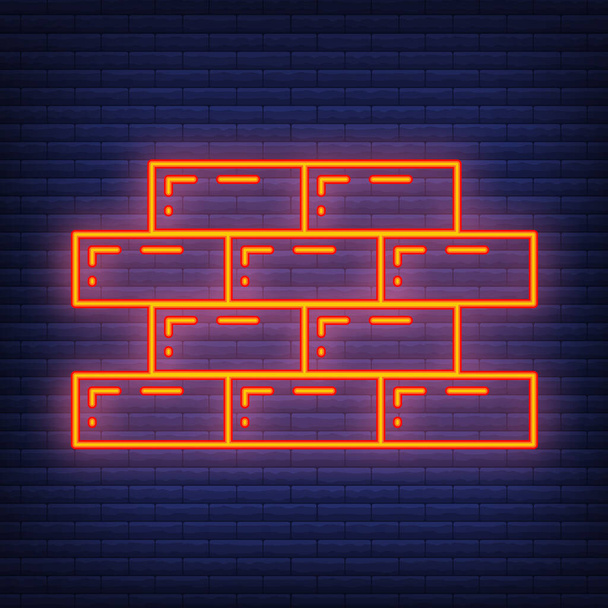 Brick neon wall construction structure design icon, building fence side line flat vector illustration art, isolated on dark brickwork. Home fencing improvement. - Vector, Image