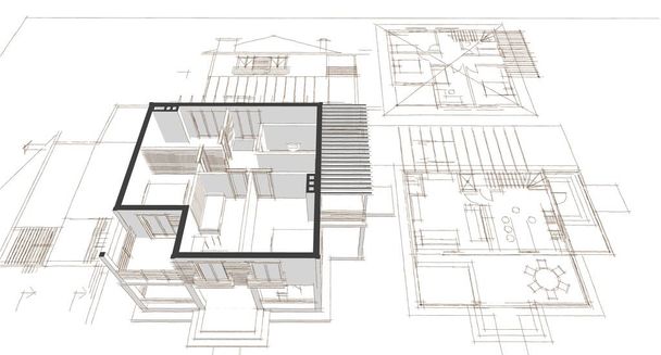家の建築プロジェクトスケッチ3Dイラスト - 写真・画像