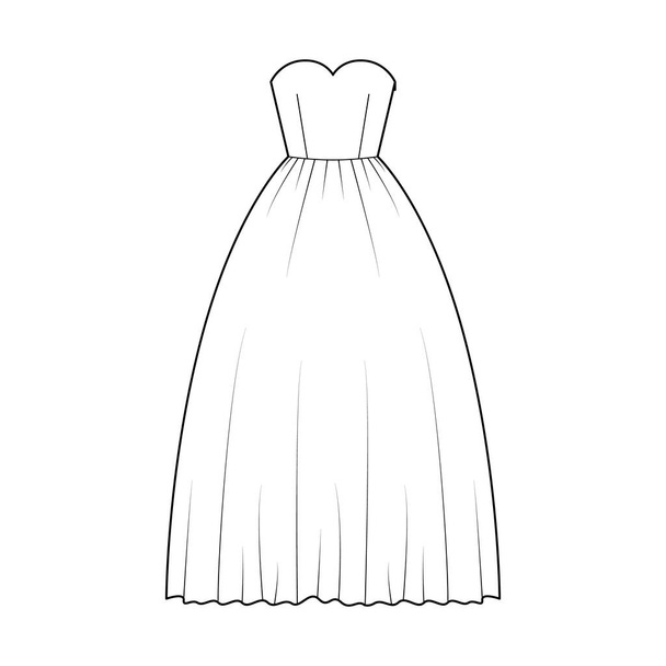 Crinoline ruha technikai divat illusztráció pánt nélküli édesem nyakkivágás, hosszú padló hossza, teljes szoknya. Lapos - Vektor, kép