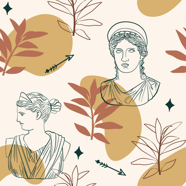 Abstract seamless pattern of greek sculpture line drawing,organic shapes and leaves. Vector Illustration inspired by antiquity civilizations - Vector, Image