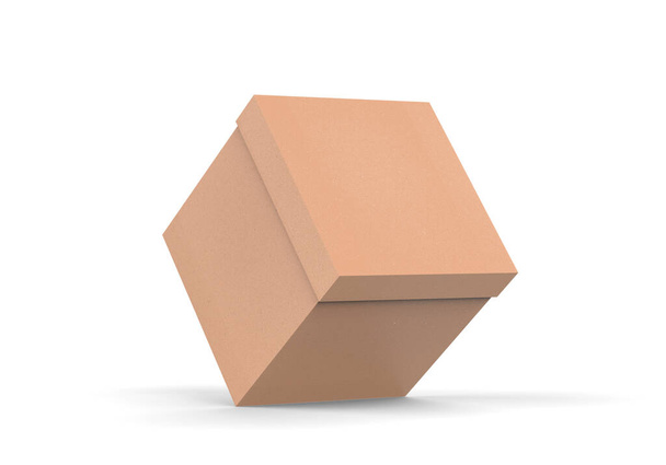 Modèle de boîte d'emballage en carton carré brun, modèle de maquette de boîte en papier Kraft sur fond blanc isolé, illustration 3D - Photo, image