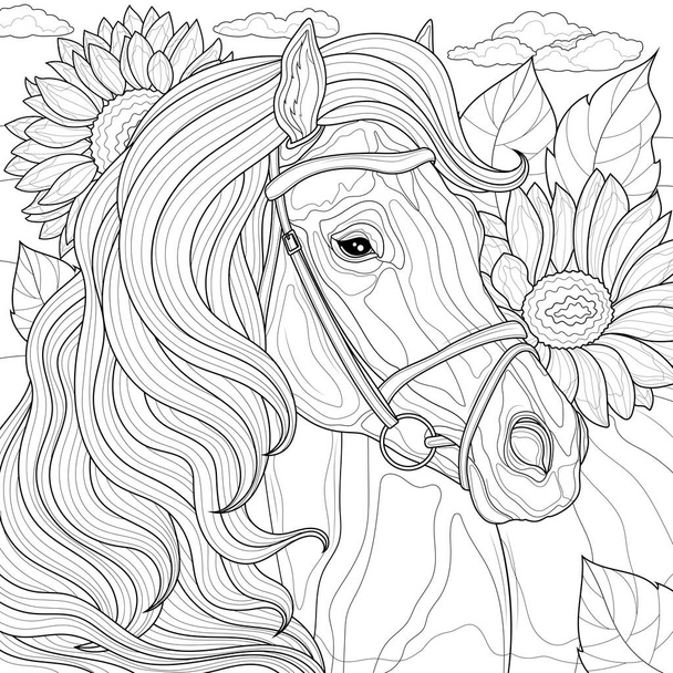Άλογο σε ηλιοτρόπια.Χρωματισμός βιβλίο antistress για παιδιά και ενήλικες. Εικονογράφηση απομονωμένη σε λευκό φόντο.Zen-κουβάρι στυλ. Ασπρόμαυρο σχέδιο - Διάνυσμα, εικόνα