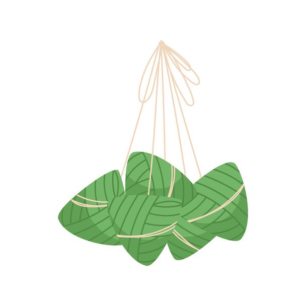 Illustration of traditional rise dumpling for dragon festival. Drawing of zongzi wrapped in leaves and hanging on cotton thread - Vector, Image