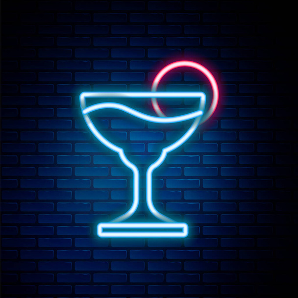 Glowing neon line Margarita cocktail glass with lime icon isolated on brick wall background. Colorful outline concept. Vector - Vector, Image