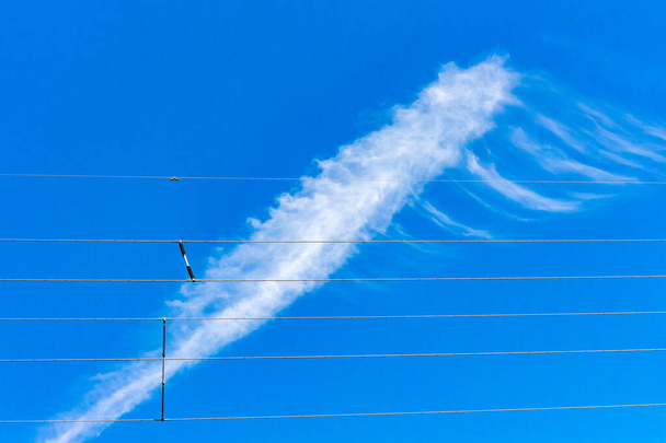 Abstrakcyjny obraz letnich chmur o niezwykłym kształcie, na tle przejrzystego błękitnego nieba, z przewodami elektrycznymi na pierwszym planie. Kanazawa, Japonia - Zdjęcie, obraz