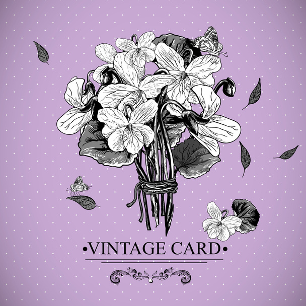 Vintage Monochrome Floral Card with Violets - Vector, Image