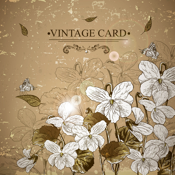 Vintage Monochrome Floral Card with Violets - Vector, Image