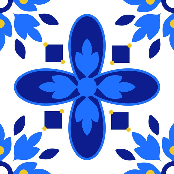 Azulejos португальская плитка напольного покрытия, Лиссабон бесшовные индиго голубой плитки, винтажная геометрическая керамика, испанский векторный фон. Марокканские геометрические внутренние лоскуты. Азулехо марокканские обои - Вектор,изображение