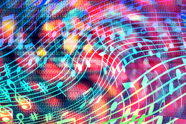  Концепция искусственного интеллекта создает компьютерную музыку Яркий, абстрактный, разноцветный фон в виде музыкальной нотации и двоичного кода. Иллюстрация. - Фото, изображение