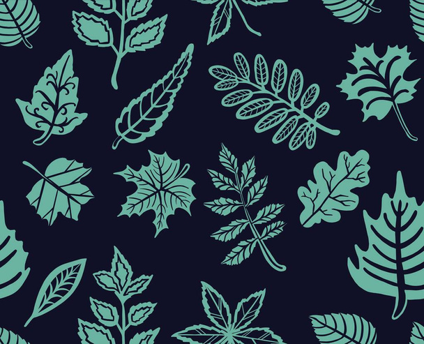 Fern zelené listy na černém pozadí. Ručně kreslený bezešvý vzor s realistickými rostlinami. Barevná vektorová ilustrace. Vektorová ilustrace - Vektor, obrázek