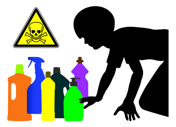 Les détergents ménagers sont dangereux pour les enfants. Gardez votre linge et vos produits de nettoyage loin des enfants, ils sont empoisonnés. - Photo, image