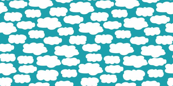 Netter Vektorrand mit handgezeichneten unregelmäßigen, flauschigen Wolken auf aqua-blauem Hintergrund. Nahtloses Banner mit unregelmäßigen Wolkenformen. Dichtes Cumolonimbus-Design. Band, Umrandung, Band für Party, Feier - Vektor, Bild