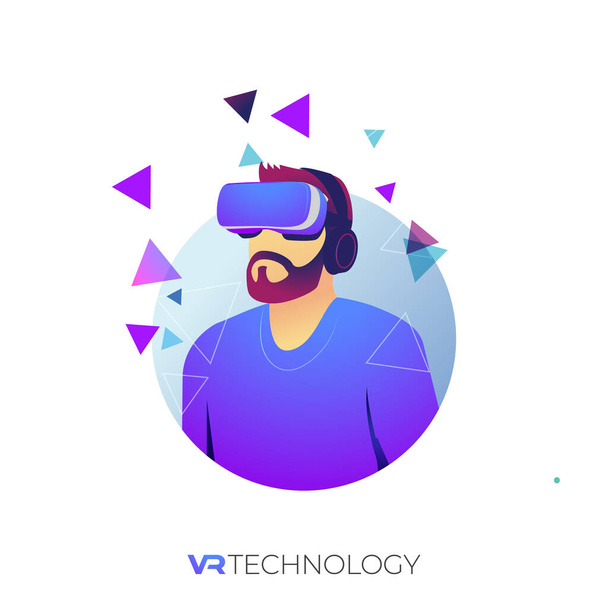Εικονογράφηση διάνυσμα του γενειοφόρου άνδρα φορώντας VR goggle, τεχνολογίες εικονικής πραγματικότητας - Διάνυσμα, εικόνα