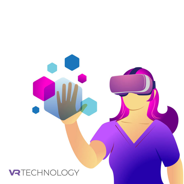 VRゴーグルを装着した女性のベクトルイラスト,バーチャルリアリティ技術 - ベクター画像