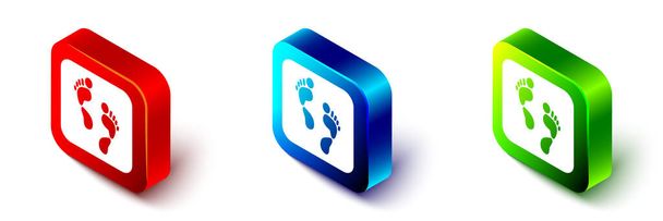 Isometrischer menschlicher Fußabdruck auf weißem Hintergrund. Spuren des menschlichen Fußes. Rote, blaue und grüne quadratische Taste. Vektor. - Vektor, Bild